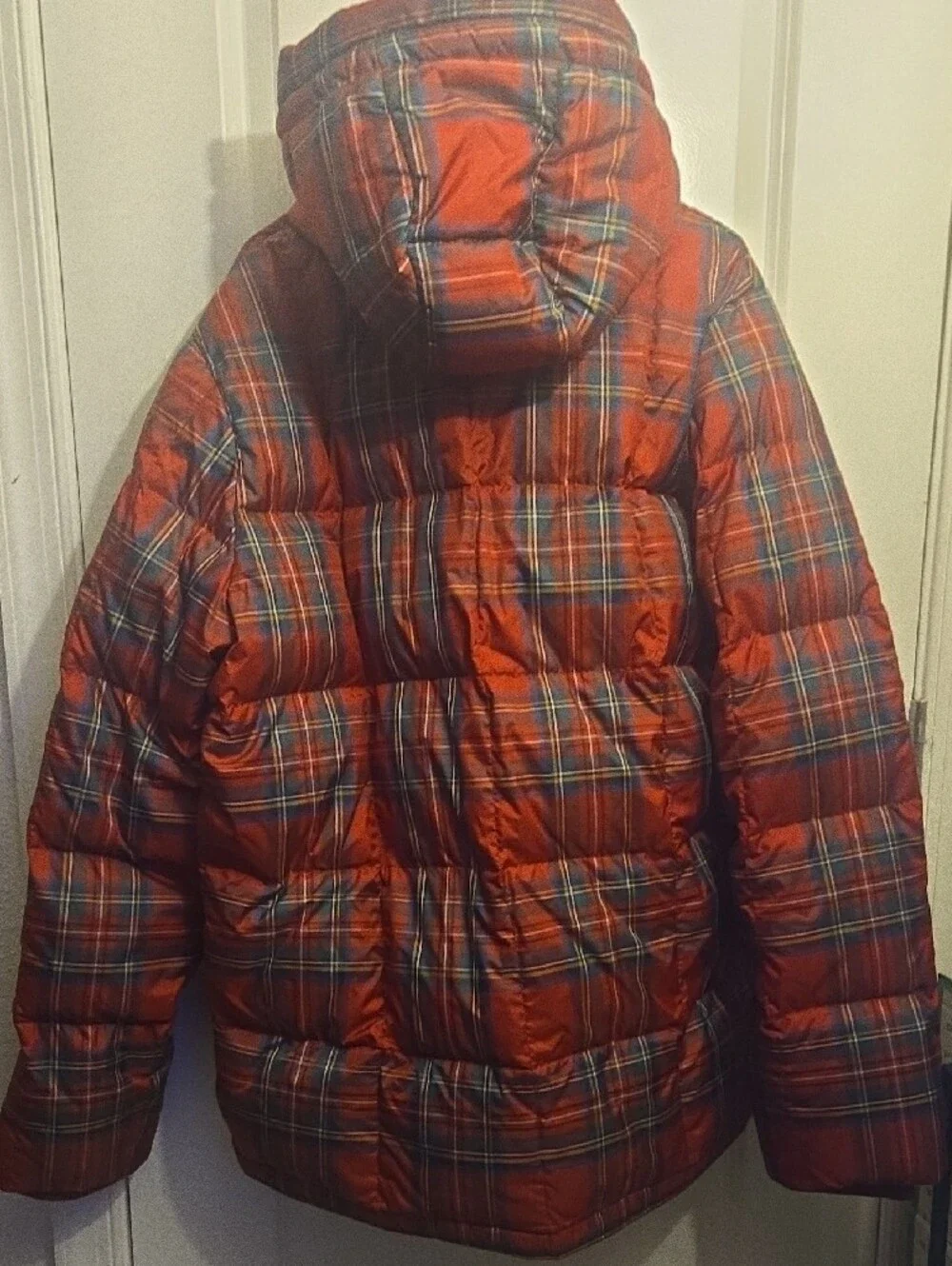 Plaid Puffer Hooded Jacket - Red Plaid